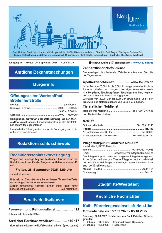 Amtsblatt der Stadt Neu-Ulm und Mitteilungsblatt für die Stadt Neu-Ulm Titelblatt 39/2025