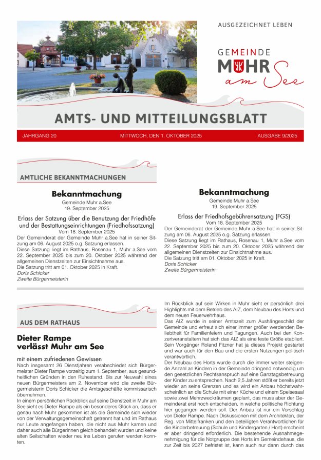 Muhrer Heimatbrief Amts- u Mitteilungsblatt der Gemeinde Muhr a See Titelblatt 09/2025