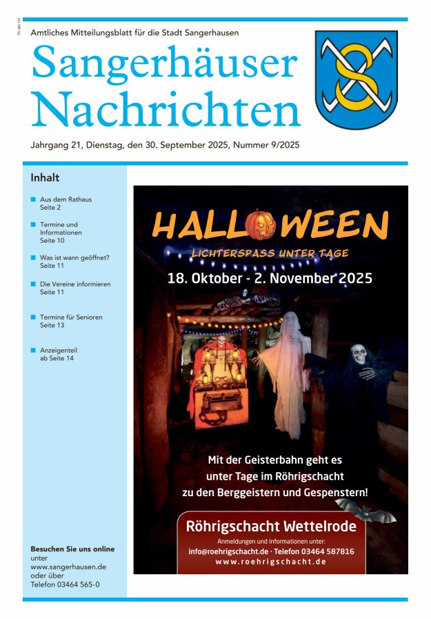 Sangerhäuser Nachrichten – Amtliches Mitteilungsblatt für die Stadt Sangerhausen Titelblatt 09/2025