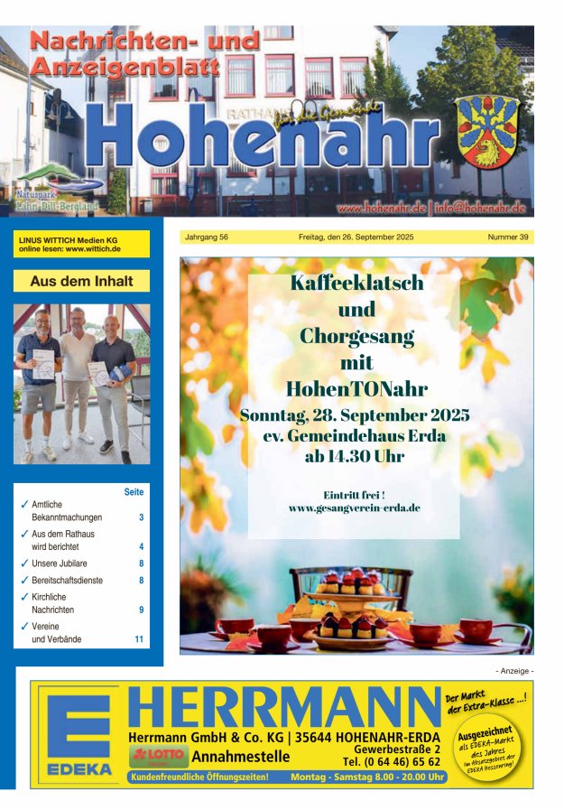 Nachrichten- und Anzeigenblatt für die Gemeinde Hohenahr Titelblatt 39/2025