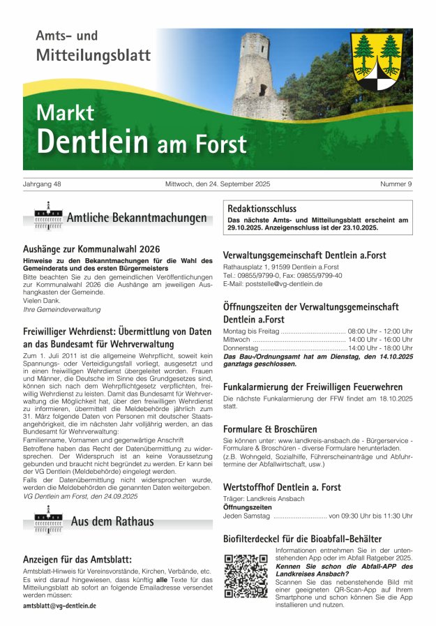 Amts- und Mitteilungsblatt Markt Dentlein am Forst Titelblatt 09/2025