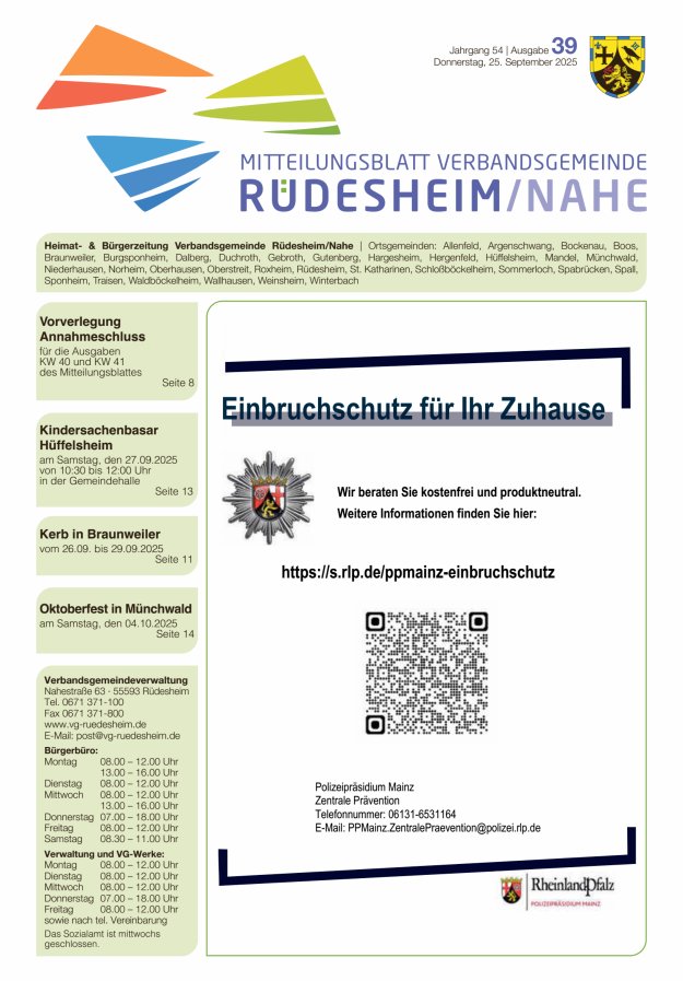 Mitteilungsblatt Verbandsgemeinde Rüdesheim und zugehörige Ortsgemeinden Titelblatt 39/2025