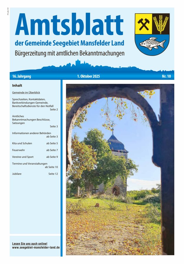 Amtsblatt der Gemeinde Seegebiet Mansfelder Land Titelblatt 10/2025
