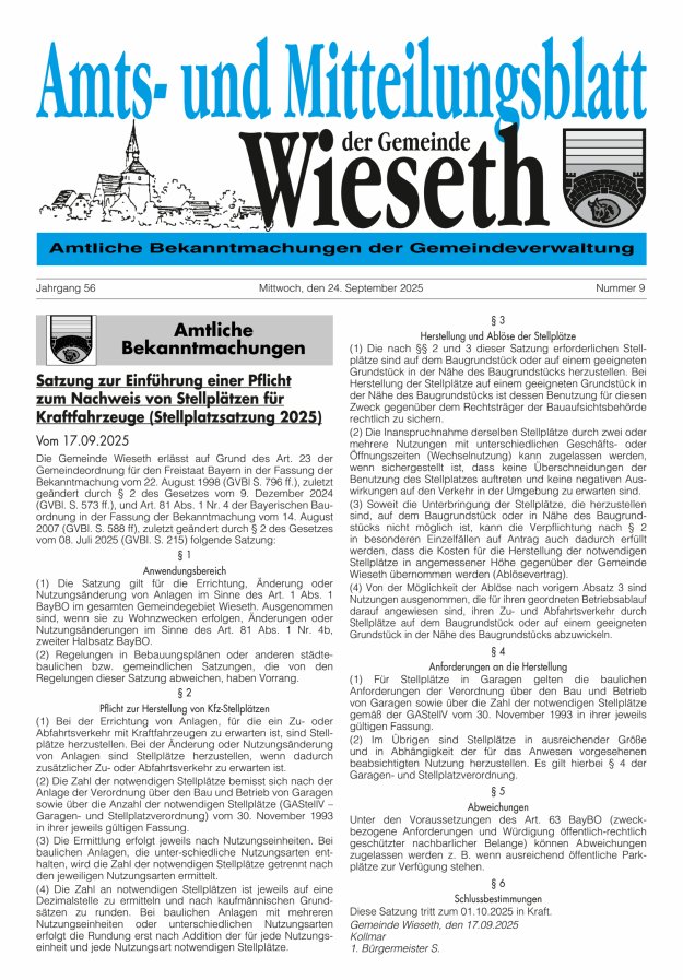 Amts- und Mitteilungsblatt der Gemeinde Wieseth Titelblatt 09/2025