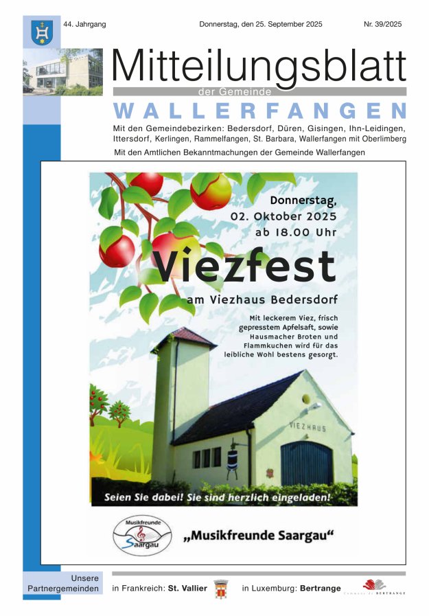 Mitteilungsblatt Gemeinde Wallerfangen Titelblatt 39/2025