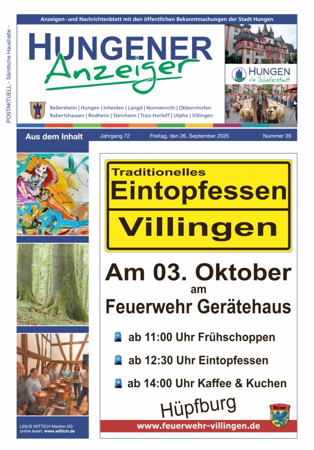 Anzeigen- und Nachrichtenblatt mit den öff  Bekanntmachungen der Stadt Hungen Titelblatt 39/2025