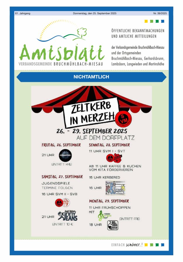 Amtsblatt der VG Bruchmühlbach-Miesau Titelblatt 39/2025