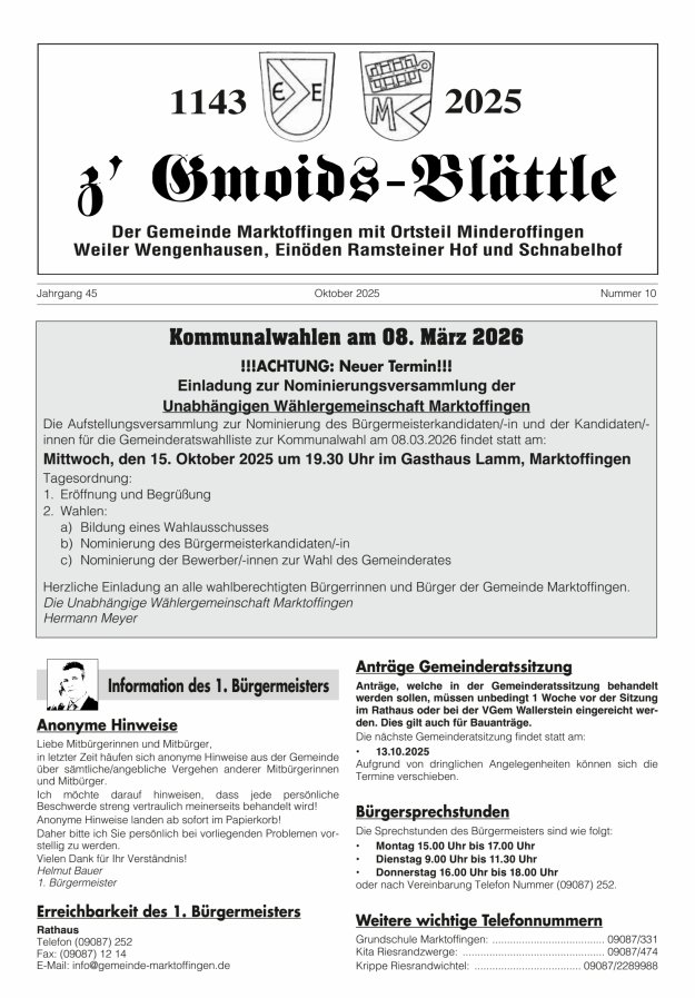 z'Gmoids-Blättle der Gemeinde Marktoffingen mit Ortsteilen Titelblatt 10/2025