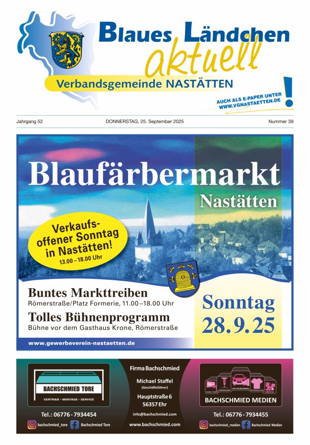 Blaues Ländchen aktuell - Heimat- u Bürgerzeitung VG Nastätten Titelblatt 39/2025
