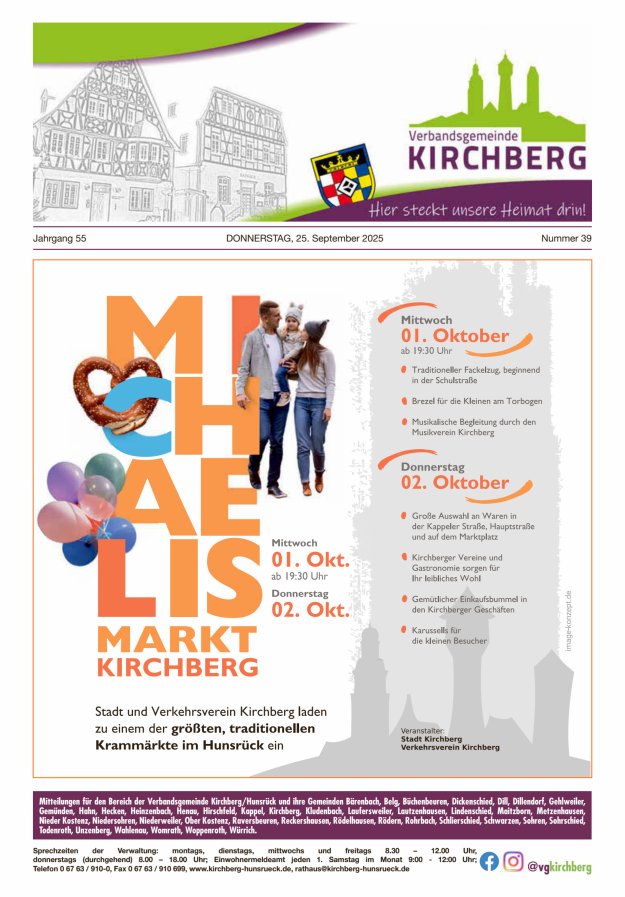 Mitteilungen der Verbandsgemeinde Kirchberg Hunsrück Titelblatt 39/2025