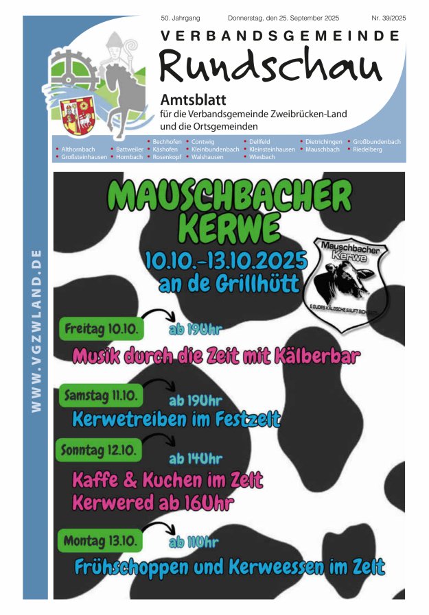 Verbandsgemeinde Rundschau Zweibrücken-Land Titelblatt 39/2025