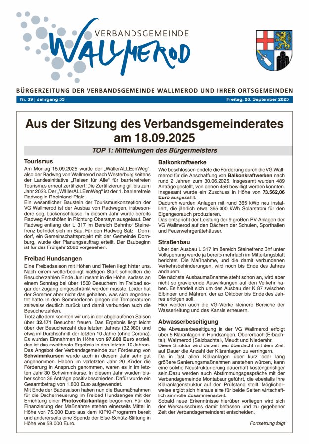 Wir über uns - Verbandsgemeinde Wallmerod Titelblatt 39/2025