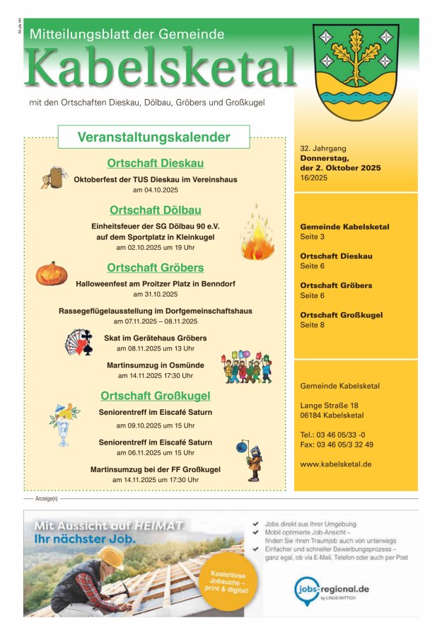 Amtsblatt der Gemeinde Kabelsketal mit den Ortsteilen Titelblatt 16/2025
