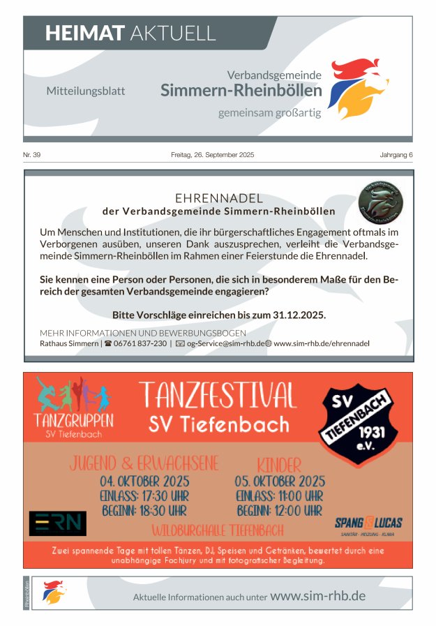 Heimat Aktuell Mitteilungsblatt der VG Simmern-Rheinböllen-Ausg Rheinböllen Titelblatt 39/2025