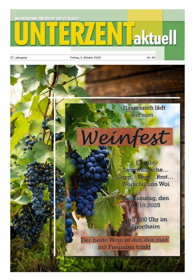 Unterzent aktuell Wochenzeitung für Höchst und Lützelbach Titelblatt 40/2025