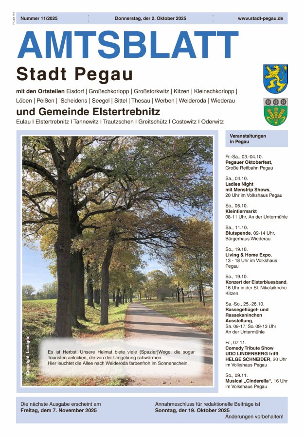 Amtsblatt Stadt Pegau und Gemeinde Elstertrebnitz  Titelblatt 11/2025