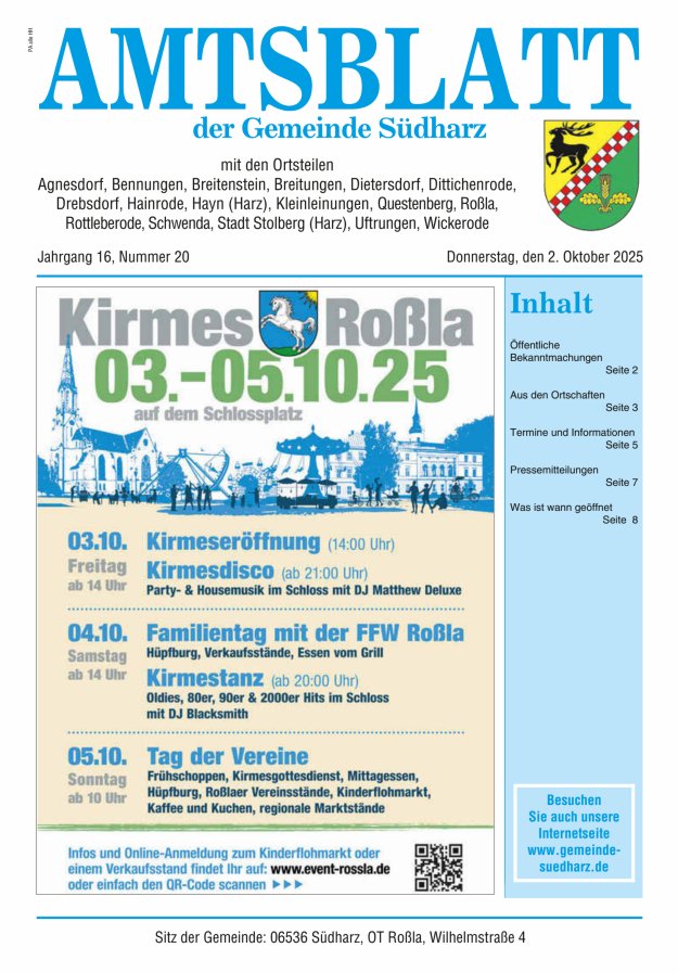 Amtsblatt der Gemeinde Südharz Titelblatt 20/2025