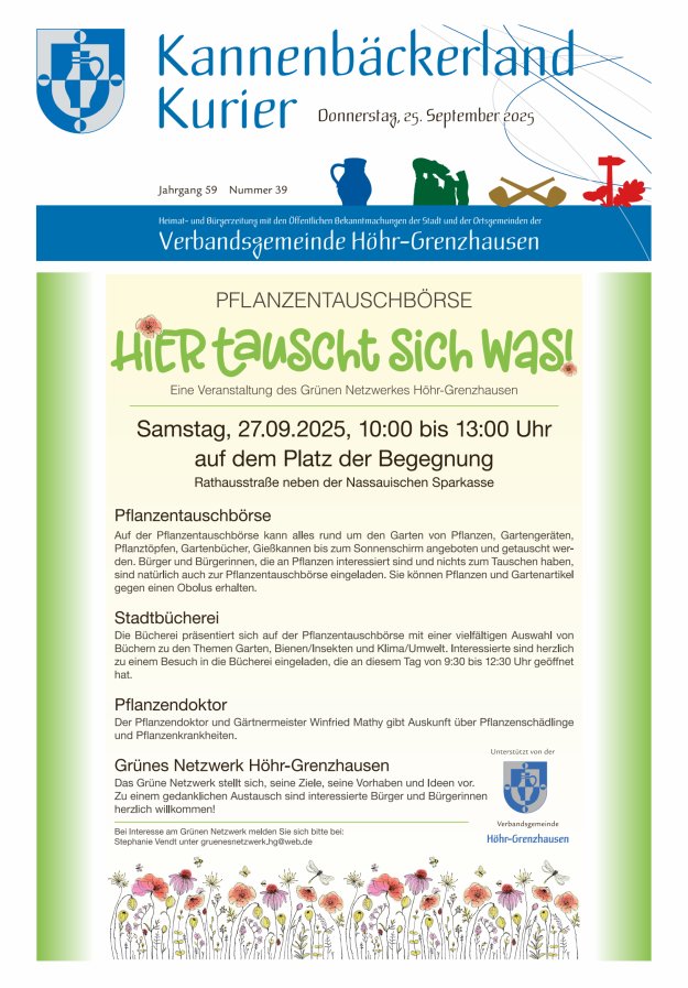 Kannenbäckerland-Kurier Verbandsgemeinde Höhr-Grenzhausen Titelblatt 39/2025