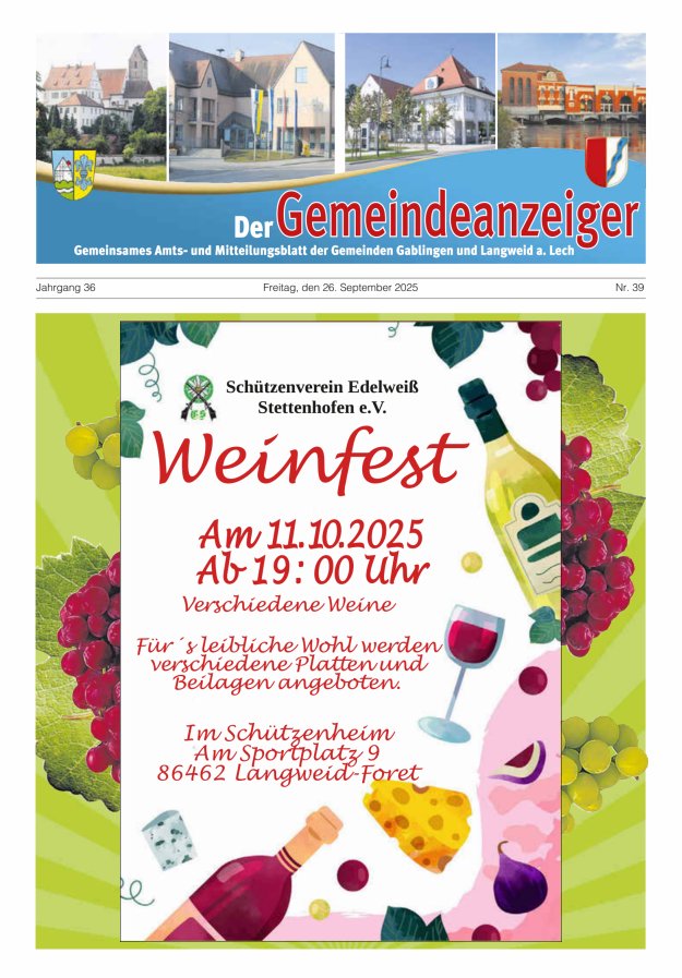 Der Gemeindeanzeiger - Gablingen Langweid Titelblatt 39/2025