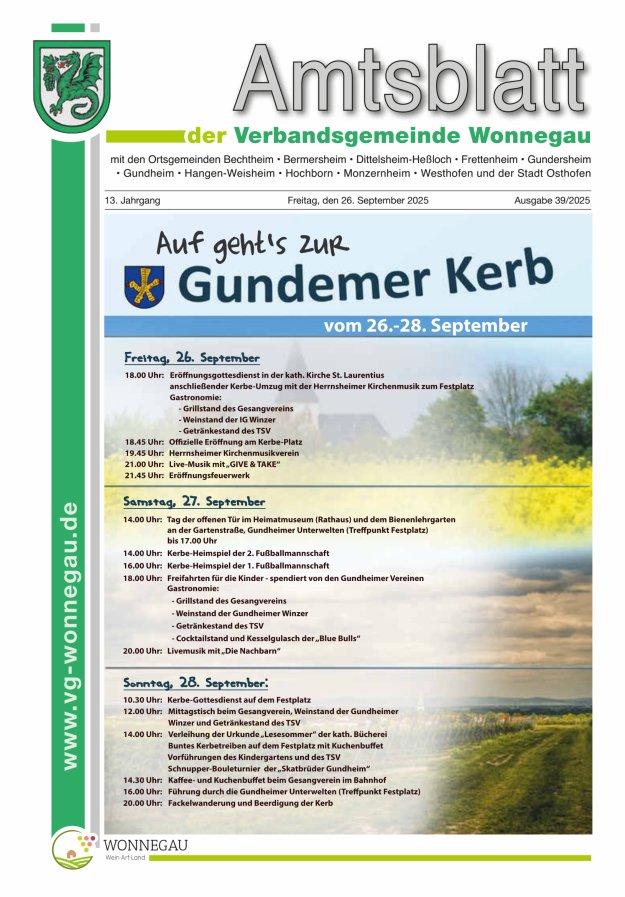 Amtsblatt VG Wonnegau Titelblatt 39/2025