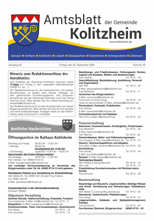 Amtsblatt der Gemeinde Kolitzheim Titelblatt 20/2025