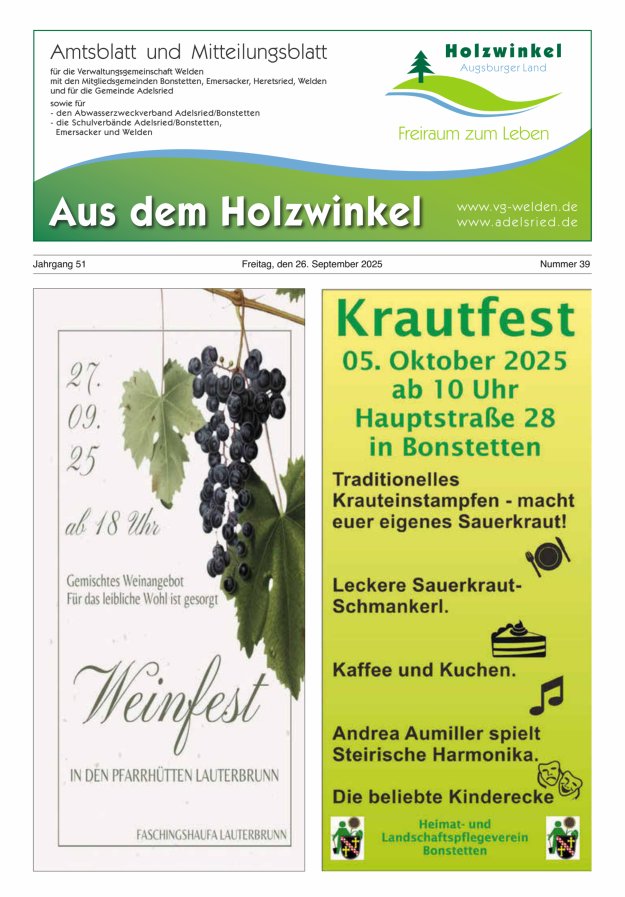 Aus dem Holzwinkel Amtsblatt u Mitteilungsblatt f VG Welden u GemAdelsried Titelblatt 39/2025