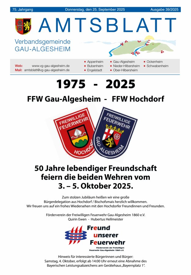 Amtsblatt der VG Gau-Algesheim Titelblatt 39/2025