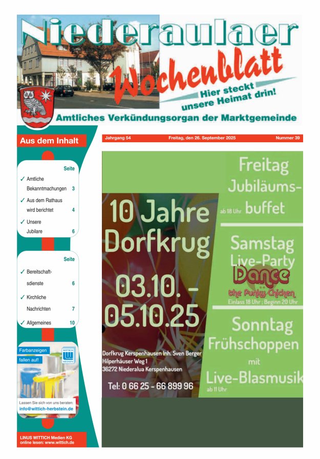 Niederaulaer Wochenblatt Titelblatt 39/2025