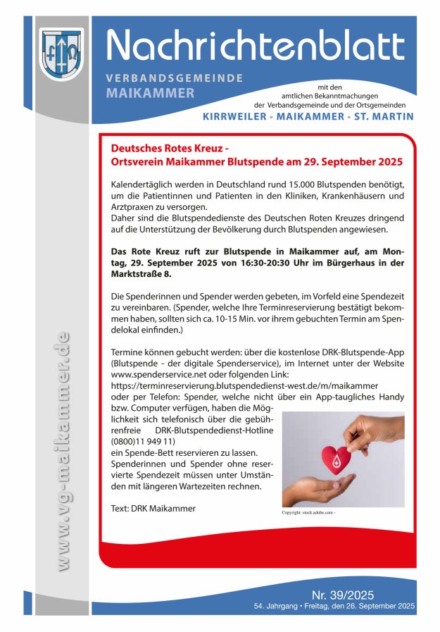 Nachrichtenblatt VG Maikammer Titelblatt 39/2025
