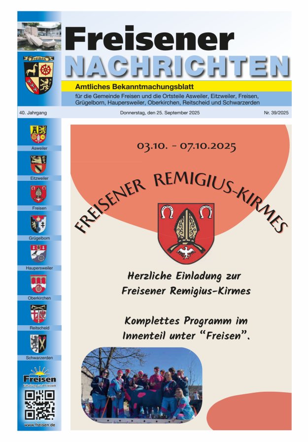 Freisener Nachrichten Titelblatt 39/2025