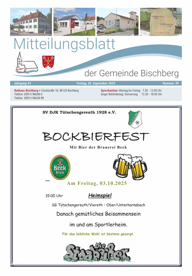 Mitteilungsblatt der Gemeinde Bischberg Titelblatt 39/2025
