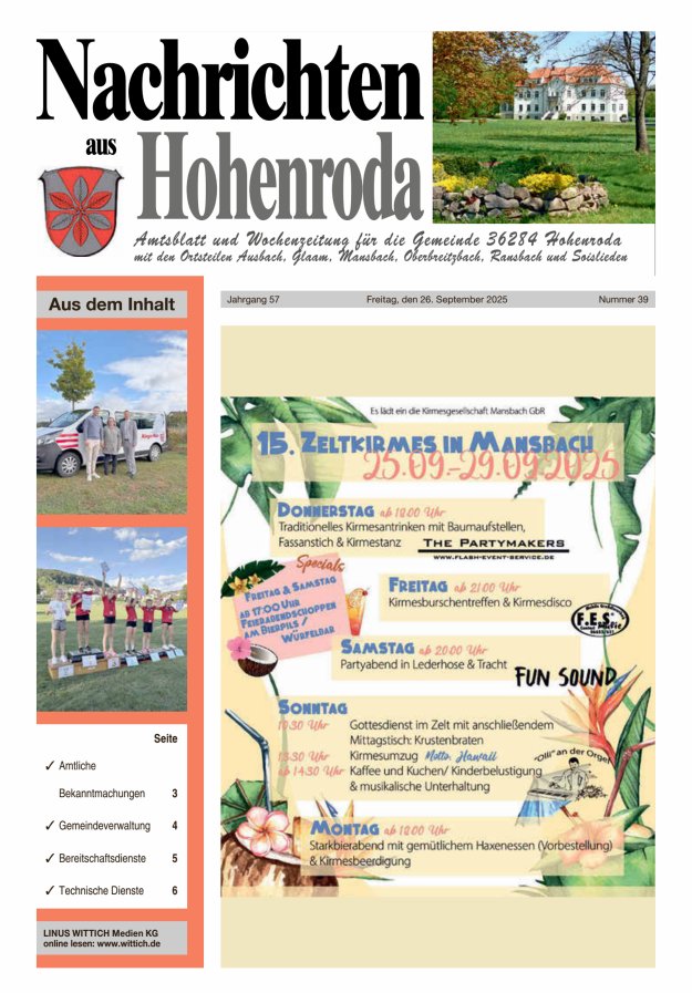 Nachrichten aus Hohenroda Titelblatt 39/2025