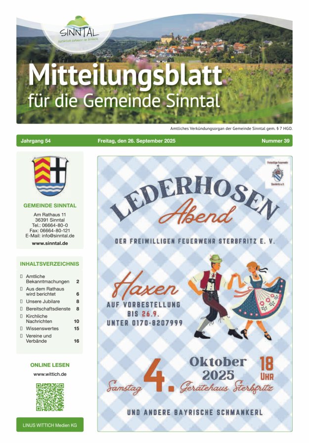 Mitteilungsblatt für die Gemeinde Sinntal Titelblatt 39/2025