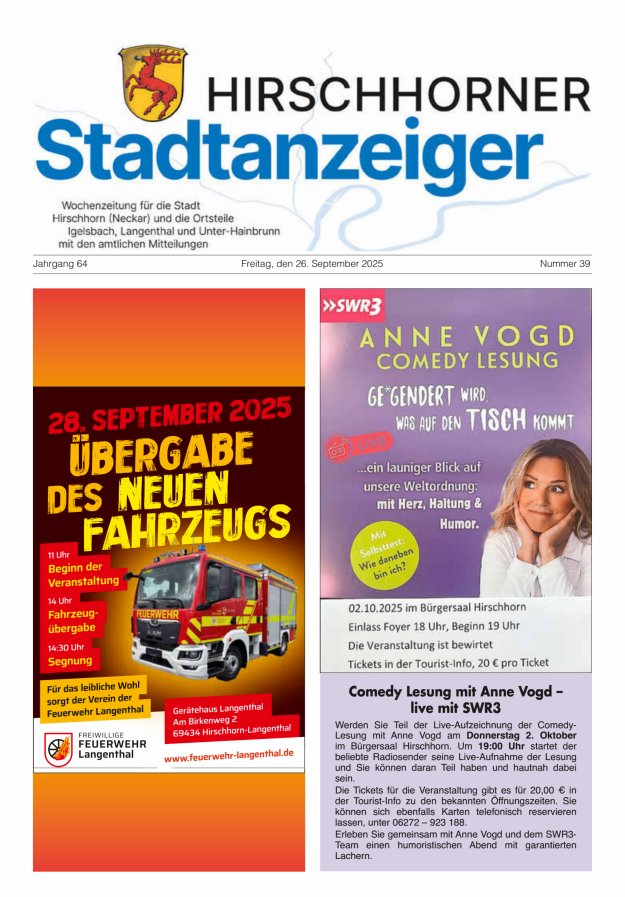 Hirschhorner Stadtanzeiger Titelblatt 39/2025