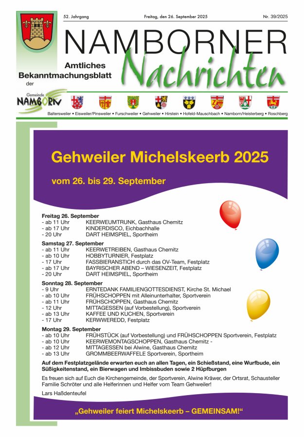 Namborner Nachrichten Titelblatt 39/2025
