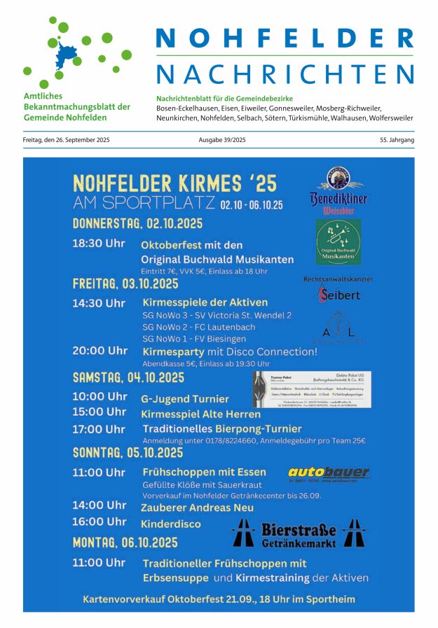 Nohfelder Nachrichten Titelblatt 39/2025