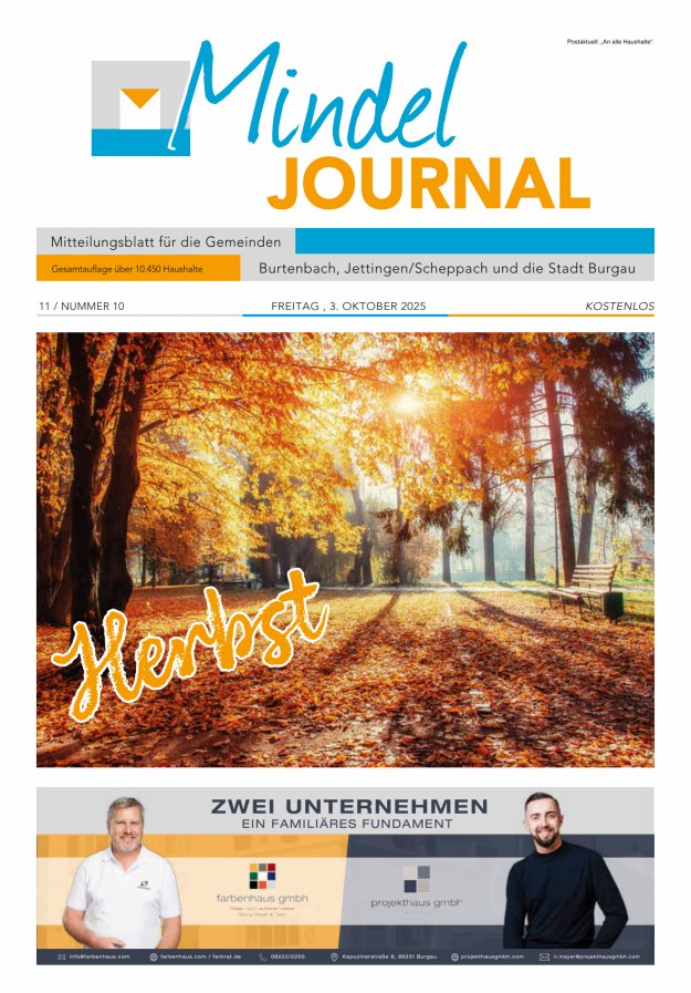Mindeljournal Freies Blatt für Burgau Burtenbach Jettingen-Scheppach Titelblatt 10/2025