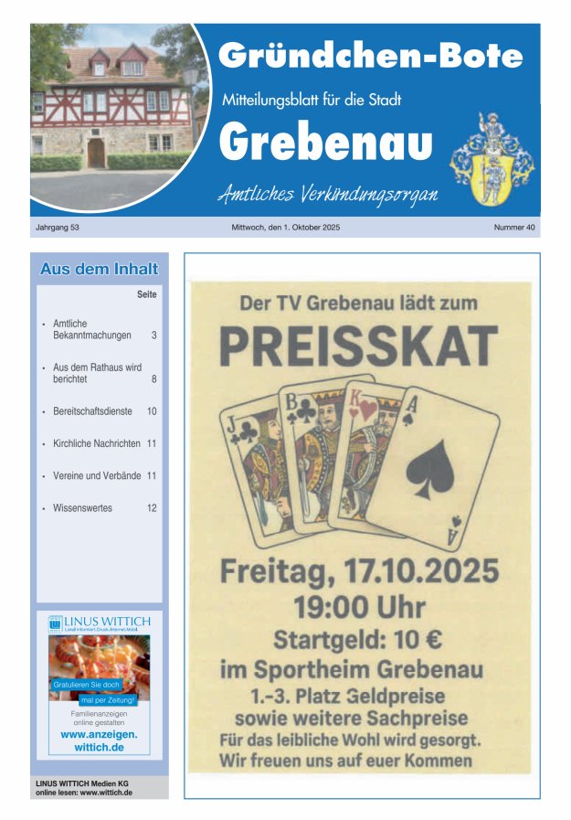 Grebenau - Gründchen Bote - Mitteilungsblatt für die Stadt Grebenau Titelblatt 40/2025