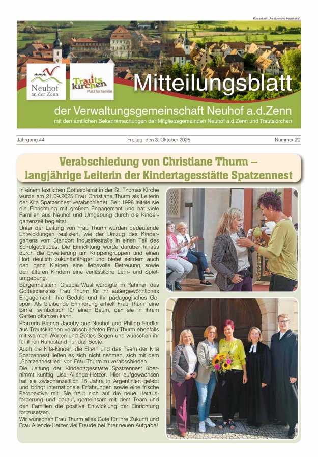 Mitteilungsblatt der Verwaltungsgemeinschaft Neuhof an der Zenn mit den amtlichen Bekanntmachungen der Mitgliedsgemeinden Neuhof an der Zenn und Trautskirchen Titelblatt 20/2025