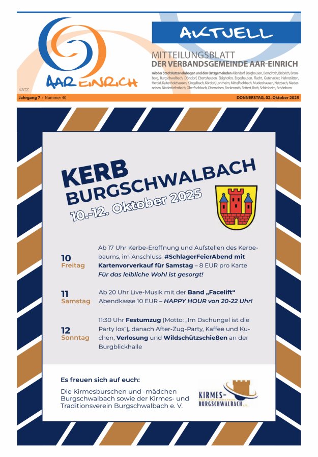 Mitteilungsblatt der Verbandsgemeinde Aar-Einrich Ausgabe Katzenelnbogen Titelblatt 40/2025