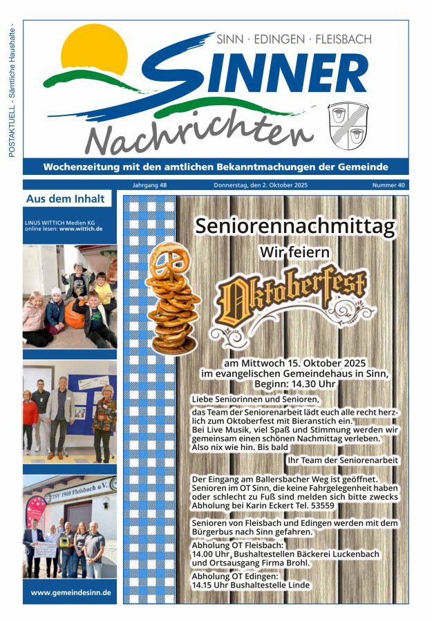 Sinner Nachrichten Titelblatt 40/2025