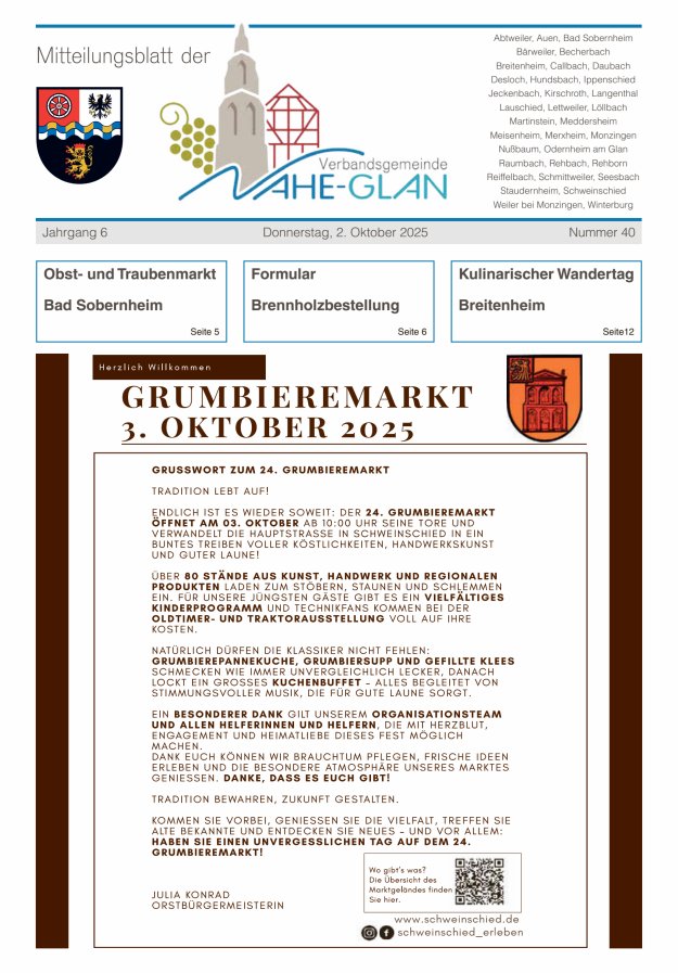 Mitteilungsblatt für die Verbandsgemeinde Nahe-Glan Titelblatt 40/2025