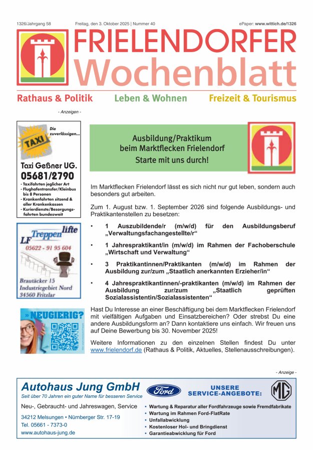 Frielendorfer Wochenblatt Titelblatt 40/2025