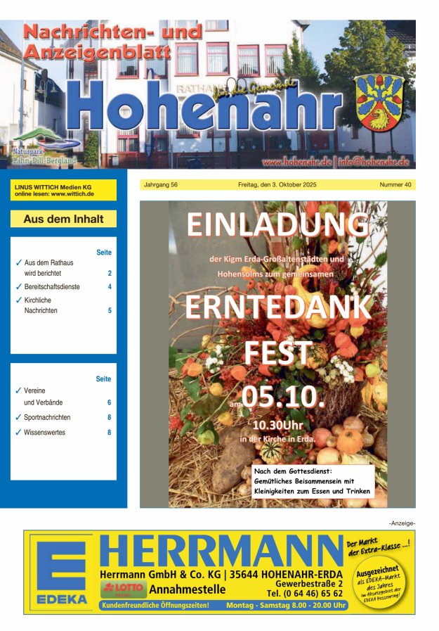 Nachrichten- und Anzeigenblatt für die Gemeinde Hohenahr Titelblatt 40/2025