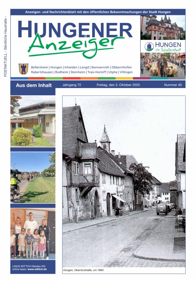 Anzeigen- und Nachrichtenblatt mit den öff  Bekanntmachungen der Stadt Hungen Titelblatt 40/2025