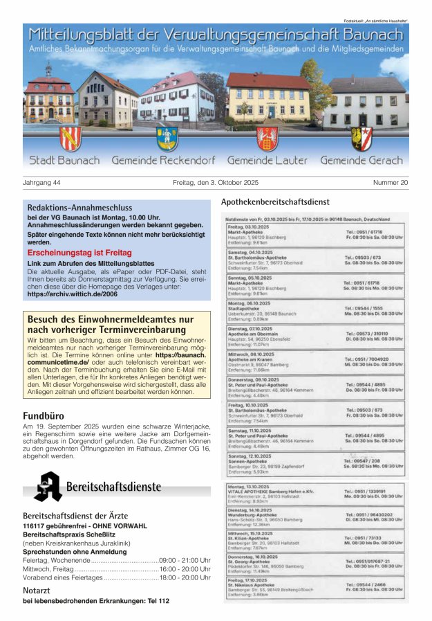 Mitteilungsblatt Verwaltungsgemeinschaft Baunach Titelblatt 20/2025