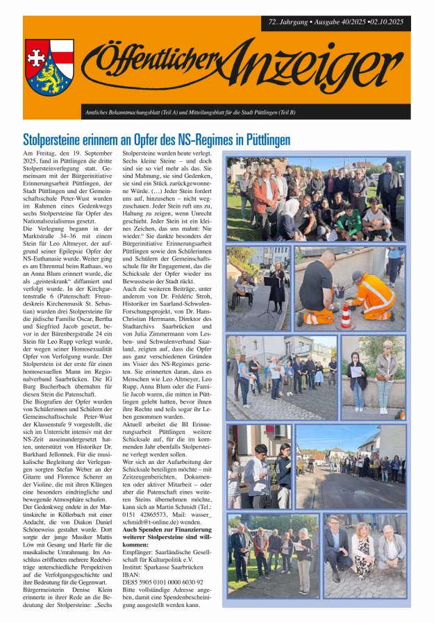 Öffentlicher Anzeiger - Stadt Püttlingen Titelblatt 40/2025