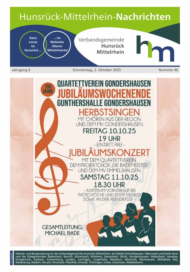 Hunsrück-Mittelrhein Nachrichten Ausgabe St Goar Oberwesel Titelblatt 40/2025