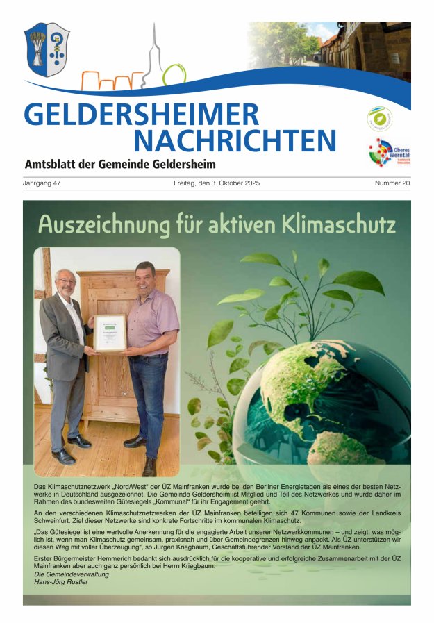 Geldersheimer Nachrichten Amtsblatt der Gemeinde Geldersheim Titelblatt 20/2025