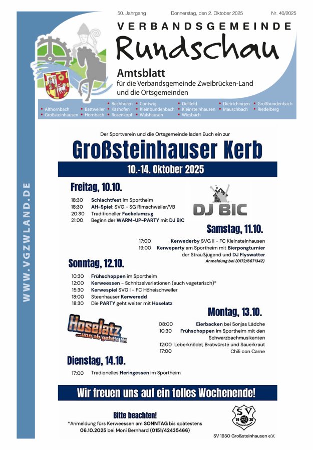 Verbandsgemeinde Rundschau Zweibrücken-Land Titelblatt 40/2025